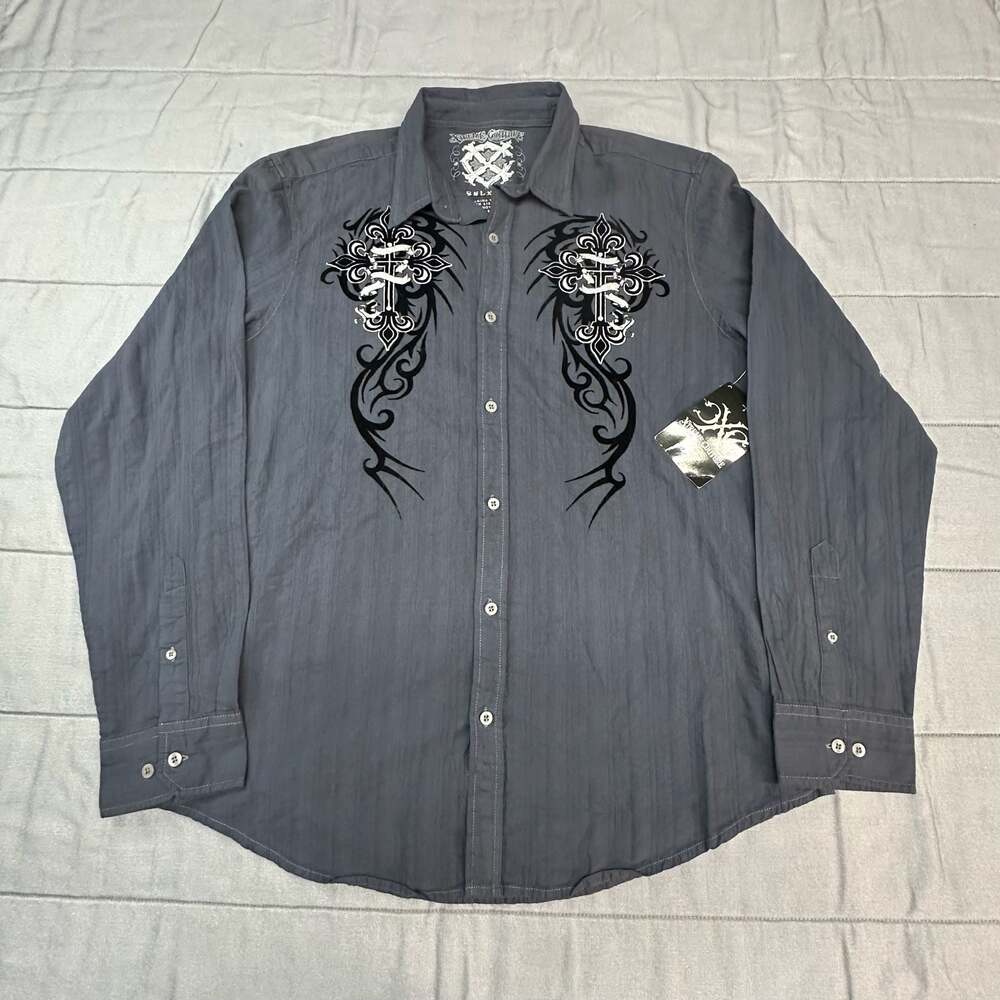 Xtreme Couture Button Down Shirt with Tribal Skull Cross Graphic